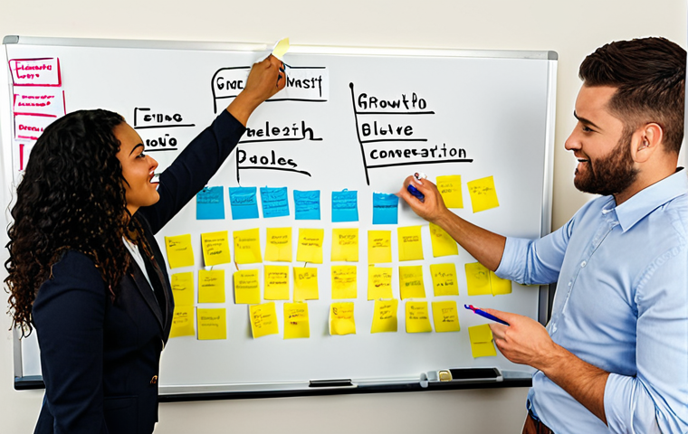 **
A diverse team collaborating around a whiteboard covered in sticky notes. Some team members are actively listening, while others are writing or gesturing. The atmosphere is positive and supportive, with visible signs of encouragement and active participation. The whiteboard displays the words "Growth Mindset" and "Actionable Steps" prominently.
**
