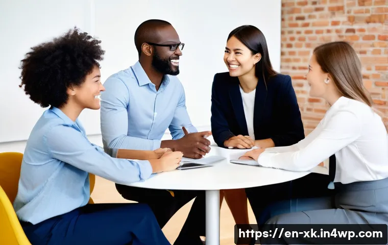 피드백 문화와 직장 내 정신 건강 - **Prompt:** A diverse group of professionals (men and women of various ethnicities, ages 25-50) enga...