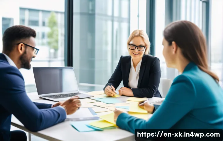 피드백 문화의 지속 가능성 확보 방법 - A modern office meeting scene showing a diverse team of professionals engaged in an open feedback se...