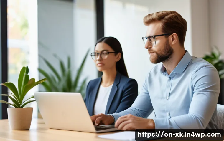 피드백 언어  어떻게 전달할까 - A modern office setting showing two diverse professionals engaged in a feedback session; one person ...